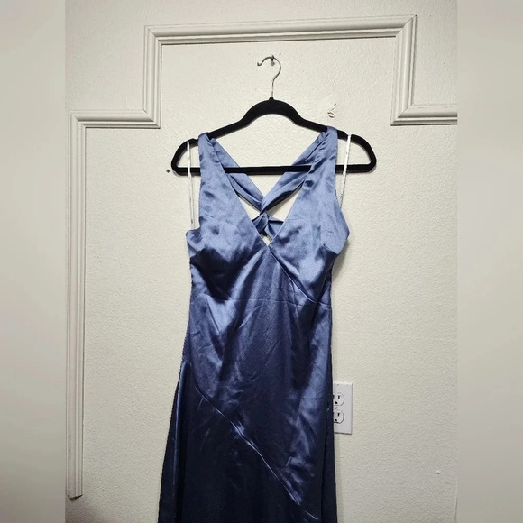 Lulus Purely Elegant Slate Blue Satin Twist-Back Maxi Dress Wedding Party Prom - Picture 7 of 12